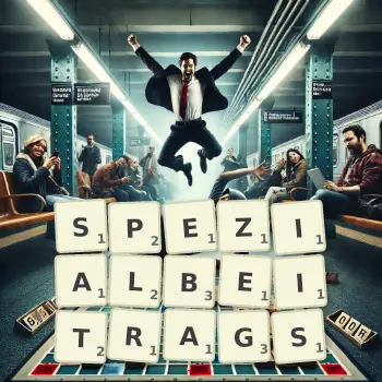 Kreative Illustration für ein Scrabble-Spiel, bei dem das Wort SPEZIALBEITRAGS mit Steinen auf dem Brett gelegt wurde.