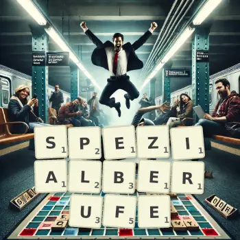 Kreative Illustration für ein Scrabble-Spiel, bei dem das Wort SPEZIALBERUFE mit Steinen auf dem Brett gelegt wurde.