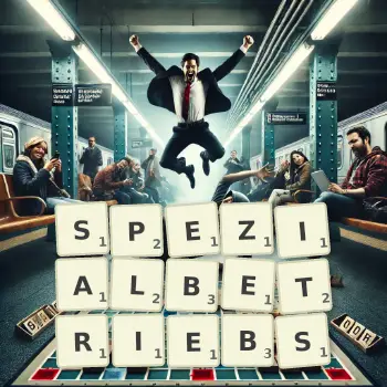 Kreative Illustration für ein Scrabble-Spiel, bei dem das Wort SPEZIALBETRIEBS mit Steinen auf dem Brett gelegt wurde.