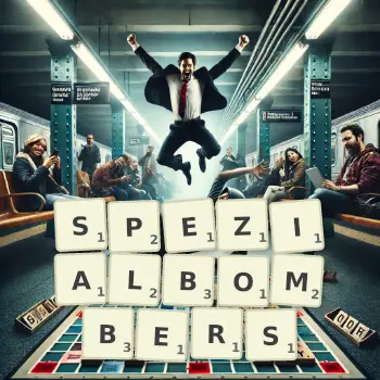 Kreative Illustration für ein Scrabble-Spiel, bei dem das Wort SPEZIALBOMBERS mit Steinen auf dem Brett gelegt wurde.