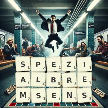 Kreative Illustration für ein Scrabble-Spiel, bei dem das Wort SPEZIALBREMSENS mit Steinen auf dem Brett gelegt wurde.