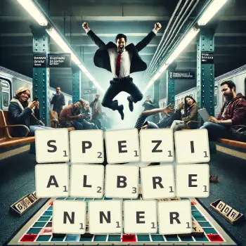 Kreative Illustration für ein Scrabble-Spiel, bei dem das Wort SPEZIALBRENNER mit Steinen auf dem Brett gelegt wurde.