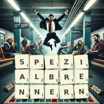 Kreative Illustration für ein Scrabble-Spiel, bei dem das Wort SPEZIALBRENNERN mit Steinen auf dem Brett gelegt wurde.