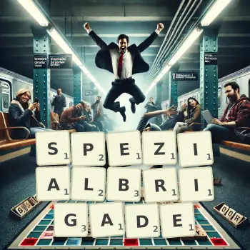 Kreative Illustration für ein Scrabble-Spiel, bei dem das Wort SPEZIALBRIGADE mit Steinen auf dem Brett gelegt wurde.