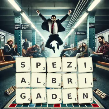 Kreative Illustration für ein Scrabble-Spiel, bei dem das Wort SPEZIALBRIGADEN mit Steinen auf dem Brett gelegt wurde.