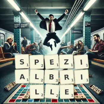 Kreative Illustration für ein Scrabble-Spiel, bei dem das Wort SPEZIALBRILLE mit Steinen auf dem Brett gelegt wurde.