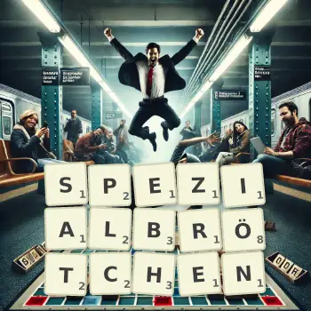Kreative Illustration für ein Scrabble-Spiel, bei dem das Wort SPEZIALBRÖTCHEN mit Steinen auf dem Brett gelegt wurde.