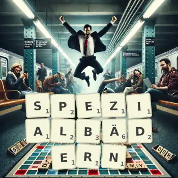 Kreative Illustration für ein Scrabble-Spiel, bei dem das Wort SPEZIALBÄDERN mit Steinen auf dem Brett gelegt wurde.
