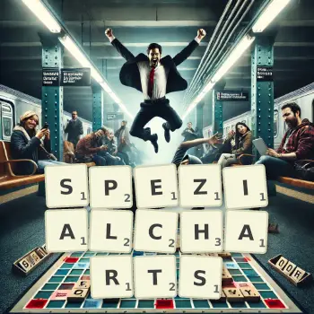 Kreative Illustration für ein Scrabble-Spiel, bei dem das Wort SPEZIALCHARTS mit Steinen auf dem Brett gelegt wurde.