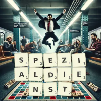 Kreative Illustration für ein Scrabble-Spiel, bei dem das Wort SPEZIALDIENST mit Steinen auf dem Brett gelegt wurde.