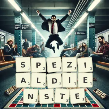 Kreative Illustration für ein Scrabble-Spiel, bei dem das Wort SPEZIALDIENSTE mit Steinen auf dem Brett gelegt wurde.