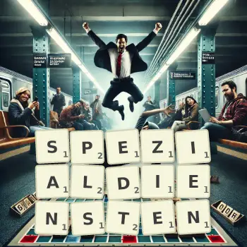 Kreative Illustration für ein Scrabble-Spiel, bei dem das Wort SPEZIALDIENSTEN mit Steinen auf dem Brett gelegt wurde.
