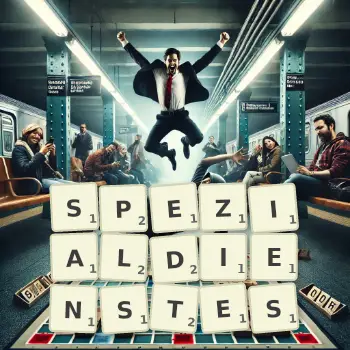 Kreative Illustration für ein Scrabble-Spiel, bei dem das Wort SPEZIALDIENSTES mit Steinen auf dem Brett gelegt wurde.