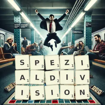 Kreative Illustration für ein Scrabble-Spiel, bei dem das Wort SPEZIALDIVISION mit Steinen auf dem Brett gelegt wurde.