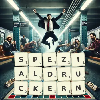 Kreative Illustration für ein Scrabble-Spiel, bei dem das Wort SPEZIALDRUCKERN mit Steinen auf dem Brett gelegt wurde.