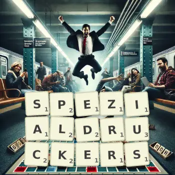Kreative Illustration für ein Scrabble-Spiel, bei dem das Wort SPEZIALDRUCKERS mit Steinen auf dem Brett gelegt wurde.