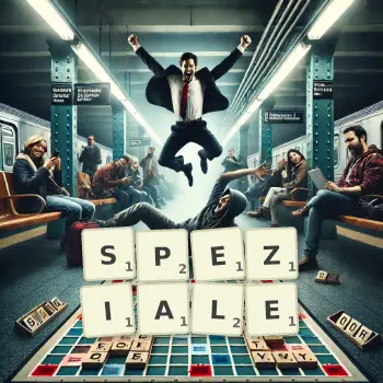 Kreative Illustration für ein Scrabble-Spiel, bei dem das Wort SPEZIALE mit Steinen auf dem Brett gelegt wurde.