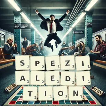 Kreative Illustration für ein Scrabble-Spiel, bei dem das Wort SPEZIALEDITION mit Steinen auf dem Brett gelegt wurde.