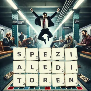 Kreative Illustration für ein Scrabble-Spiel, bei dem das Wort SPEZIALEDITOREN mit Steinen auf dem Brett gelegt wurde.