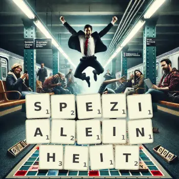 Kreative Illustration für ein Scrabble-Spiel, bei dem das Wort SPEZIALEINHEIT mit Steinen auf dem Brett gelegt wurde.