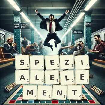 Kreative Illustration für ein Scrabble-Spiel, bei dem das Wort SPEZIALELEMENT mit Steinen auf dem Brett gelegt wurde.