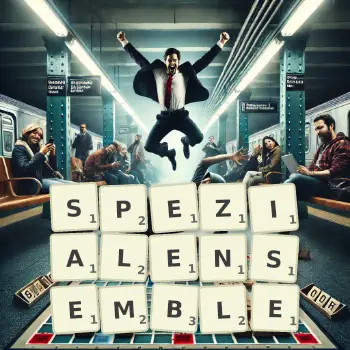 Kreative Illustration für ein Scrabble-Spiel, bei dem das Wort SPEZIALENSEMBLE mit Steinen auf dem Brett gelegt wurde.