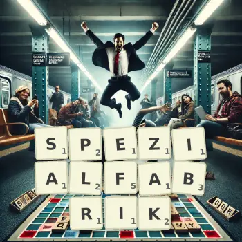 Kreative Illustration für ein Scrabble-Spiel, bei dem das Wort SPEZIALFABRIK mit Steinen auf dem Brett gelegt wurde.