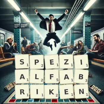 Kreative Illustration für ein Scrabble-Spiel, bei dem das Wort SPEZIALFABRIKEN mit Steinen auf dem Brett gelegt wurde.