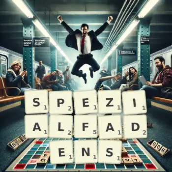 Kreative Illustration für ein Scrabble-Spiel, bei dem das Wort SPEZIALFADENS mit Steinen auf dem Brett gelegt wurde.