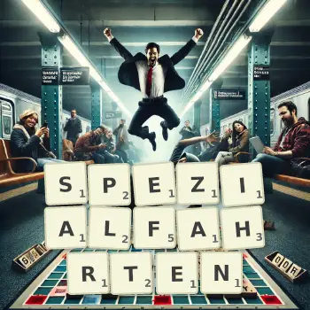 Kreative Illustration für ein Scrabble-Spiel, bei dem das Wort SPEZIALFAHRTEN mit Steinen auf dem Brett gelegt wurde.