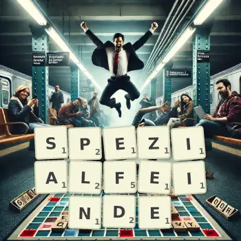 Kreative Illustration für ein Scrabble-Spiel, bei dem das Wort SPEZIALFEINDE mit Steinen auf dem Brett gelegt wurde.