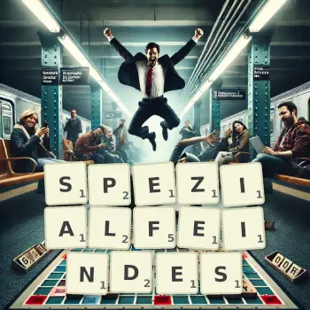 Kreative Illustration für ein Scrabble-Spiel, bei dem das Wort SPEZIALFEINDES mit Steinen auf dem Brett gelegt wurde.