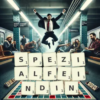 Kreative Illustration für ein Scrabble-Spiel, bei dem das Wort SPEZIALFEINDIN mit Steinen auf dem Brett gelegt wurde.