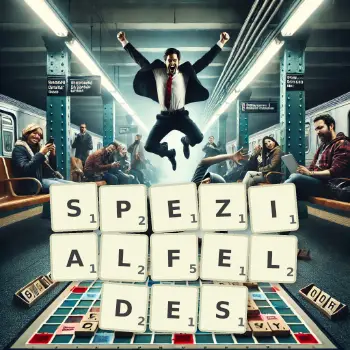 Kreative Illustration für ein Scrabble-Spiel, bei dem das Wort SPEZIALFELDES mit Steinen auf dem Brett gelegt wurde.
