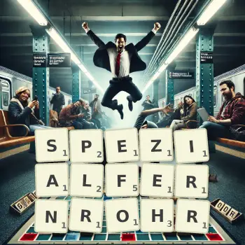 Kreative Illustration für ein Scrabble-Spiel, bei dem das Wort SPEZIALFERNROHR mit Steinen auf dem Brett gelegt wurde.