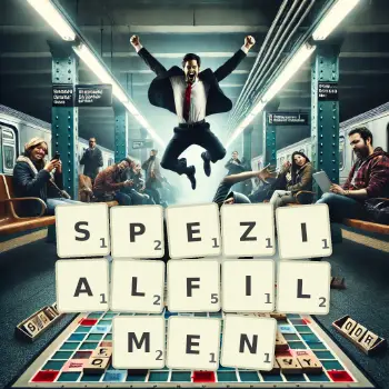 Kreative Illustration für ein Scrabble-Spiel, bei dem das Wort SPEZIALFILMEN mit Steinen auf dem Brett gelegt wurde.