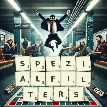Kreative Illustration für ein Scrabble-Spiel, bei dem das Wort SPEZIALFILTERS mit Steinen auf dem Brett gelegt wurde.