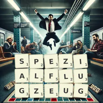 Kreative Illustration für ein Scrabble-Spiel, bei dem das Wort SPEZIALFLUGZEUG mit Steinen auf dem Brett gelegt wurde.