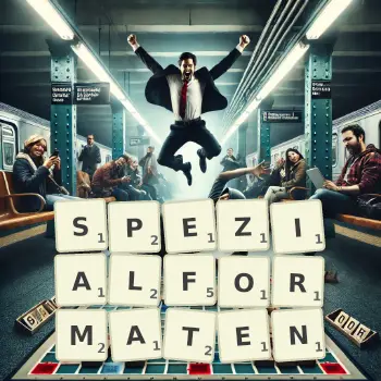 Kreative Illustration für ein Scrabble-Spiel, bei dem das Wort SPEZIALFORMATEN mit Steinen auf dem Brett gelegt wurde.