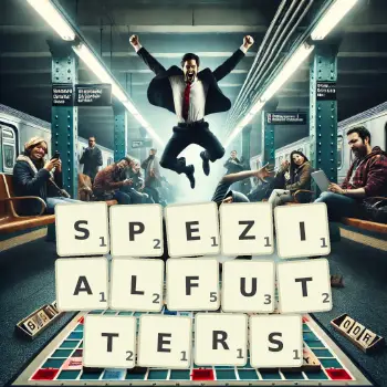 Kreative Illustration für ein Scrabble-Spiel, bei dem das Wort SPEZIALFUTTERS mit Steinen auf dem Brett gelegt wurde.