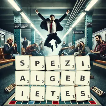 Kreative Illustration für ein Scrabble-Spiel, bei dem das Wort SPEZIALGEBIETES mit Steinen auf dem Brett gelegt wurde.