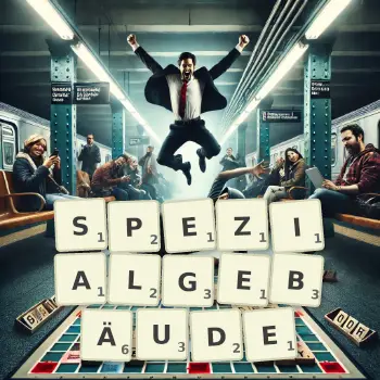 Kreative Illustration für ein Scrabble-Spiel, bei dem das Wort SPEZIALGEBÄUDE mit Steinen auf dem Brett gelegt wurde.