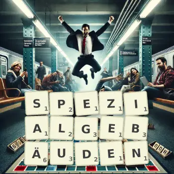 Kreative Illustration für ein Scrabble-Spiel, bei dem das Wort SPEZIALGEBÄUDEN mit Steinen auf dem Brett gelegt wurde.