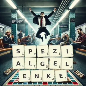 Kreative Illustration für ein Scrabble-Spiel, bei dem das Wort SPEZIALGELENKE mit Steinen auf dem Brett gelegt wurde.