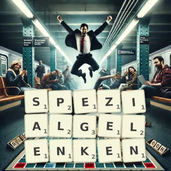 Kreative Illustration für ein Scrabble-Spiel, bei dem das Wort SPEZIALGELENKEN mit Steinen auf dem Brett gelegt wurde.