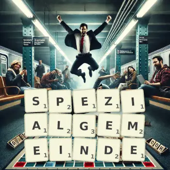 Kreative Illustration für ein Scrabble-Spiel, bei dem das Wort SPEZIALGEMEINDE mit Steinen auf dem Brett gelegt wurde.