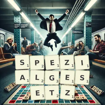 Kreative Illustration für ein Scrabble-Spiel, bei dem das Wort SPEZIALGESETZ mit Steinen auf dem Brett gelegt wurde.