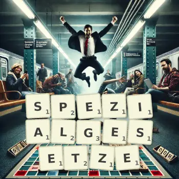 Kreative Illustration für ein Scrabble-Spiel, bei dem das Wort SPEZIALGESETZE mit Steinen auf dem Brett gelegt wurde.