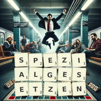 Kreative Illustration für ein Scrabble-Spiel, bei dem das Wort SPEZIALGESETZEN mit Steinen auf dem Brett gelegt wurde.