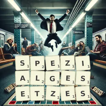 Kreative Illustration für ein Scrabble-Spiel, bei dem das Wort SPEZIALGESETZES mit Steinen auf dem Brett gelegt wurde.